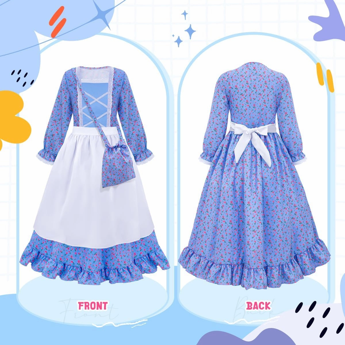 Meland Pioneer Girl Dress, Colonial Costume for Girls Age 3-12 Year Old for Dress Up & Pretend Play