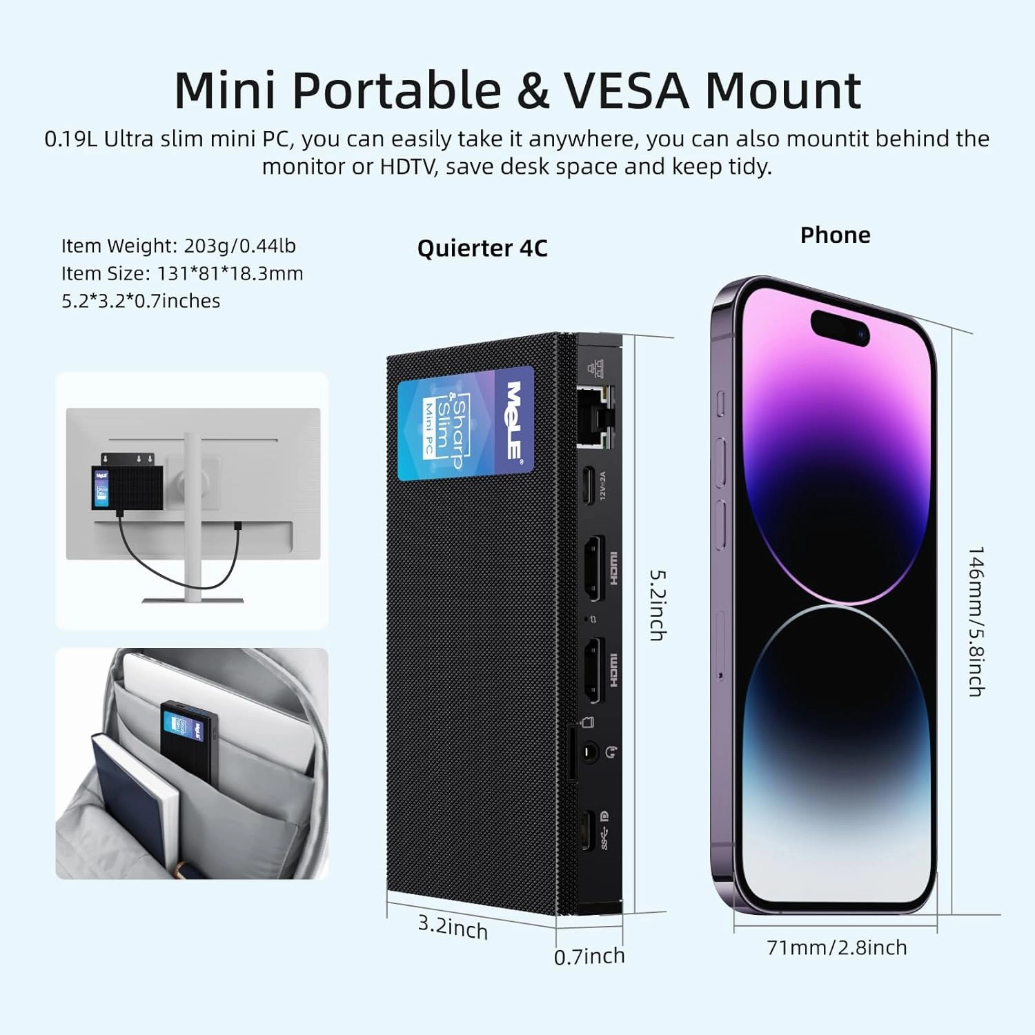 MeLE Quieter4C Ultrathin Fanless N100 Mini PC 16GB LPDDR4x 512GB SSD Micro PC 2X HDMI 4K USB-C Triple Display 2.4G/5GHz WiFi BT5.1 GbE Small Desktop Computer on Office IoT Astrophotography NAS MES WMS