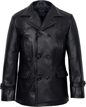 Men's Kriegsmarine German Ww2 Dr Who Reefer Hide Leather Jacket Coat Four Button Leather Car Coat - Pea Coat for Mens