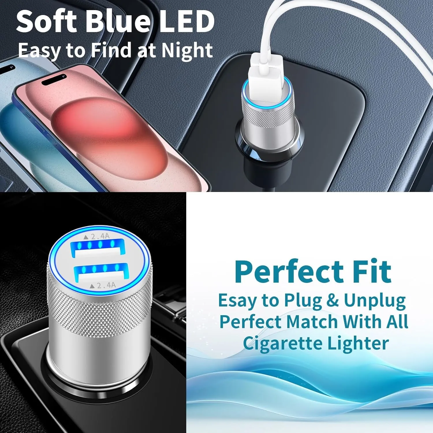 【Mfi Certified】Iphone Fast Car Charger, Braveridge 4.8A USB Car Charger Fast Charging USB-C Power Cigarette Lighter   Lightning&Type-C Cable for Iphone 16 Pro/15/14/13/12/11/Galaxy S24/S23/Pixel/Ipad