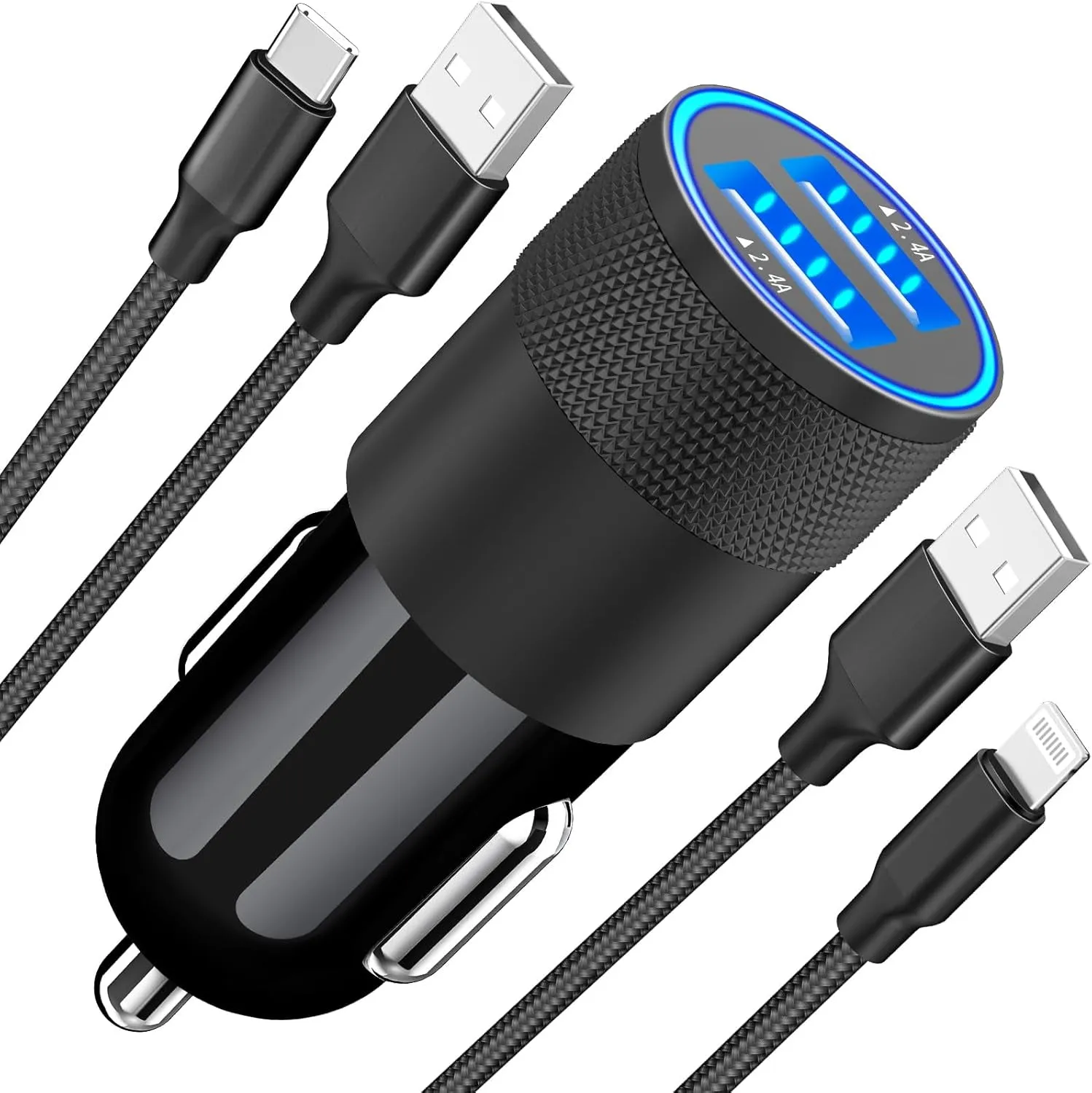 【Mfi Certified】Iphone Fast Car Charger, Braveridge 4.8A USB Car Charger Fast Charging USB-C Power Cigarette Lighter   Lightning&Type-C Cable for Iphone 16 Pro/15/14/13/12/11/Galaxy S24/S23/Pixel/Ipad
