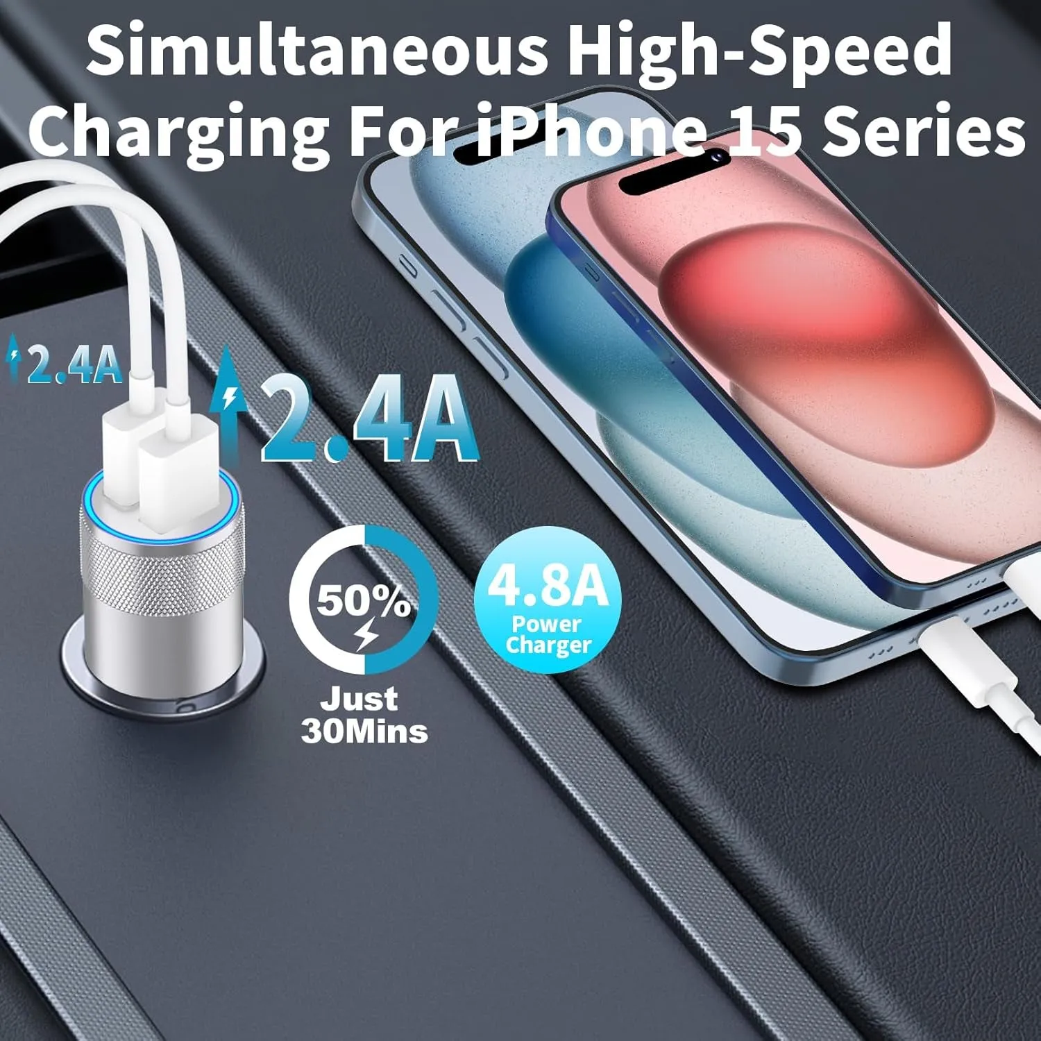 【Mfi Certified】Iphone Fast Car Charger, Braveridge 4.8A USB Car Charger Fast Charging USB-C Power Cigarette Lighter   Lightning&Type-C Cable for Iphone 16 Pro/15/14/13/12/11/Galaxy S24/S23/Pixel/Ipad