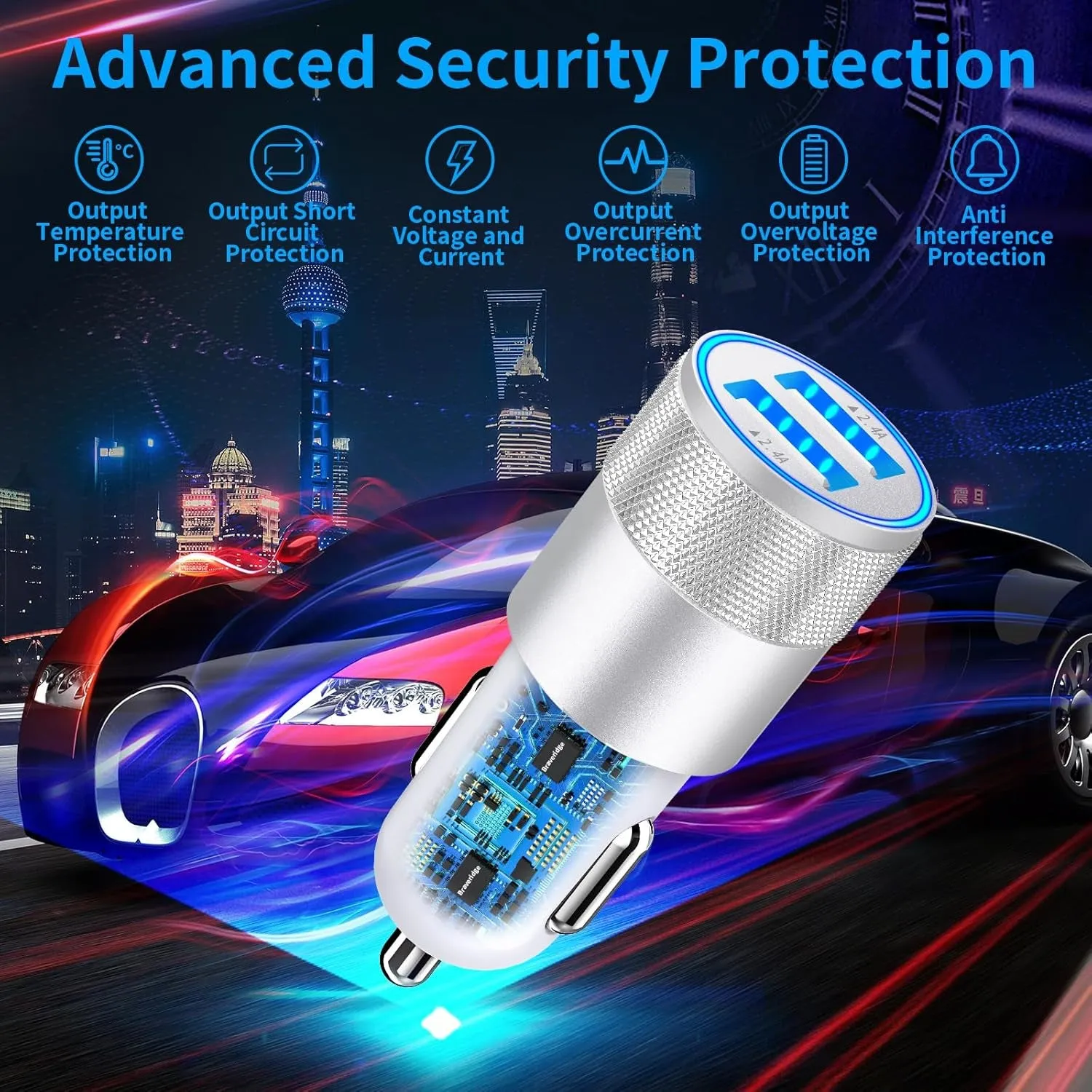 【Mfi Certified】Iphone Fast Car Charger, Braveridge 4.8A USB Car Charger Fast Charging USB-C Power Cigarette Lighter   Lightning&Type-C Cable for Iphone 16 Pro/15/14/13/12/11/Galaxy S24/S23/Pixel/Ipad