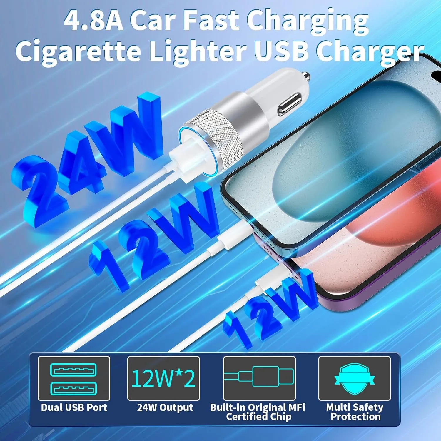 【Mfi Certified】Iphone Fast Car Charger, Braveridge 4.8A USB Car Charger Fast Charging USB-C Power Cigarette Lighter   Lightning&Type-C Cable for Iphone 16 Pro/15/14/13/12/11/Galaxy S24/S23/Pixel/Ipad