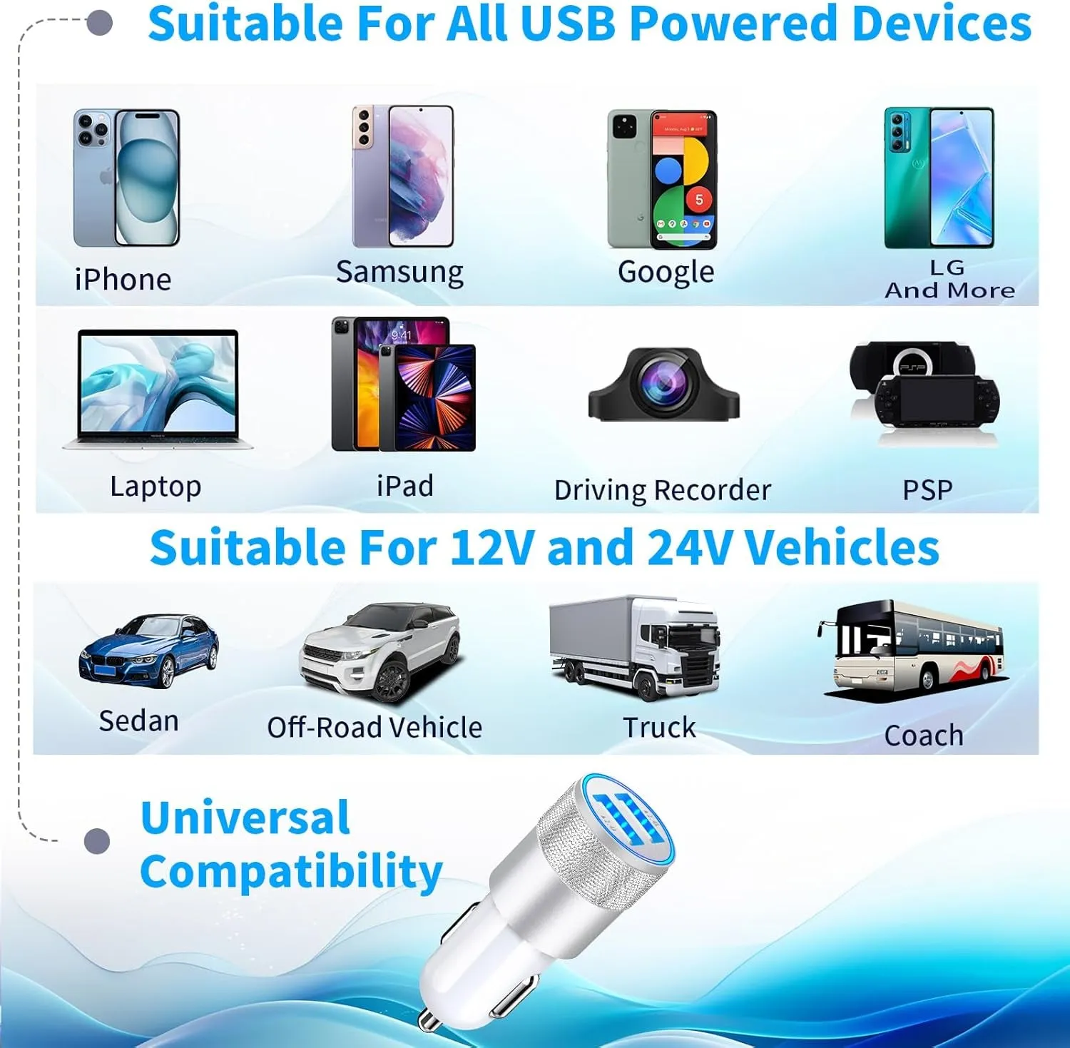 【Mfi Certified】Iphone Fast Car Charger, Braveridge 4.8A USB Car Charger Fast Charging USB-C Power Cigarette Lighter   Lightning&Type-C Cable for Iphone 16 Pro/15/14/13/12/11/Galaxy S24/S23/Pixel/Ipad