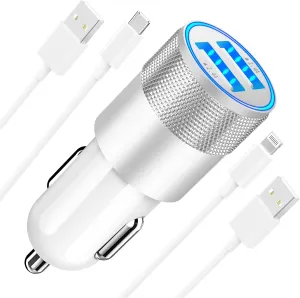 【Mfi Certified】Iphone Fast Car Charger, Braveridge 4.8A USB Car Charger Fast Charging USB-C Power Cigarette Lighter   Lightning&Type-C Cable for Iphone 16 Pro/15/14/13/12/11/Galaxy S24/S23/Pixel/Ipad