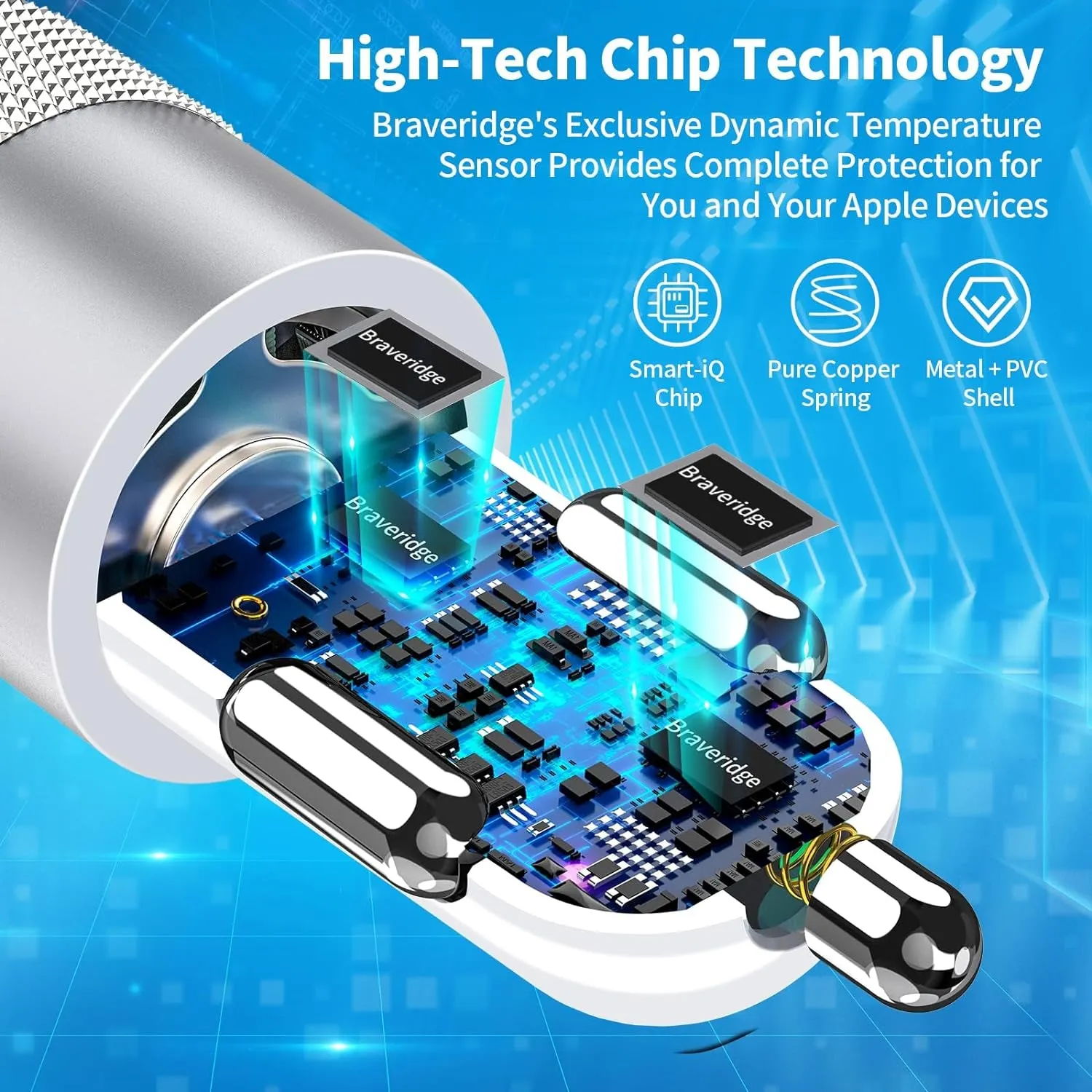 【Mfi Certified】Iphone Fast Car Charger, Braveridge 4.8A USB Car Charger Fast Charging USB-C Power Cigarette Lighter   Lightning&Type-C Cable for Iphone 16 Pro/15/14/13/12/11/Galaxy S24/S23/Pixel/Ipad