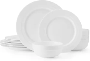 Mikasa Bentlee Bone China Lightweight Chip Resistant 12 Piece Dinnerware Set, Service for 4, White