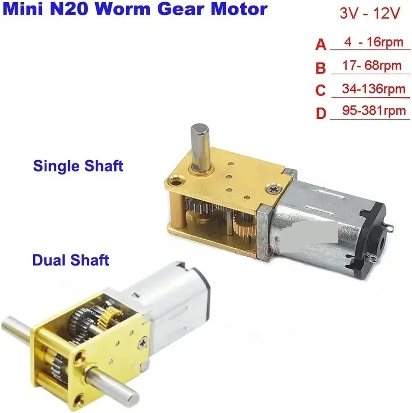 Mini N20 All Metal Gear Motor DC 3V-12V 4RPM-381RPM Slow Speed High Torque Dual Axis Engine Worm Reduction Motor Smart Robot Car(D 95RPM-381RPM_SINGLE SHAFT)