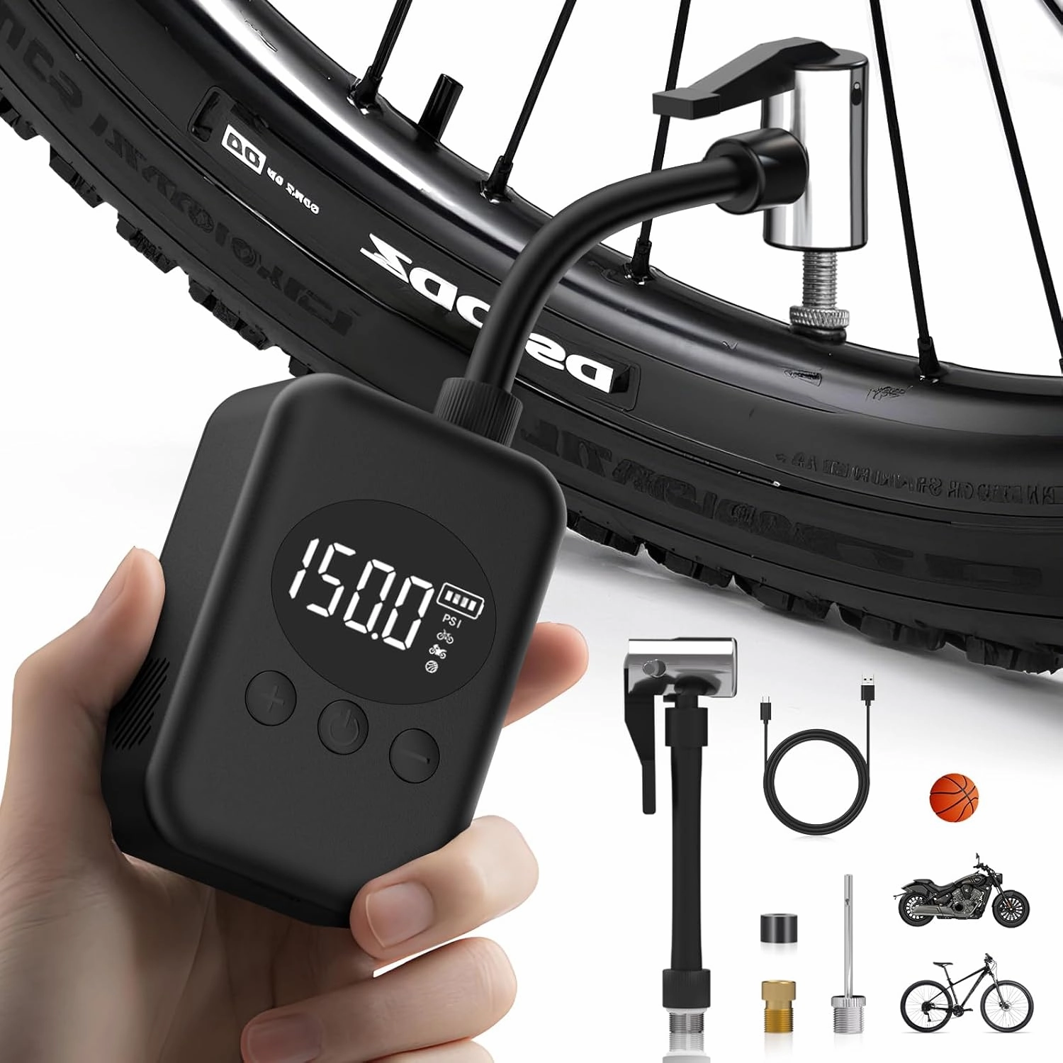 Mini Electric Bike Pump Portable Bicycle Pump with Gauge, Max 150 PSI Bike Tire Pump with Presta and Schrader Valve, Auto Stop for Road Bike, Motorcycle, Mountain Bike