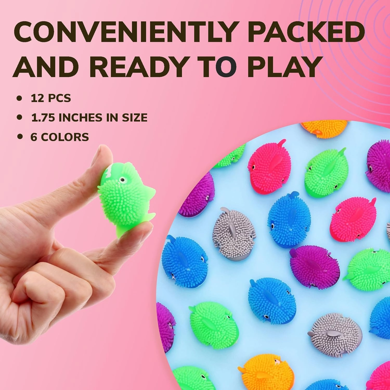 Mini Shark Toys - Pack of 24 - 1.75 inch Puffer Toy - Stress Relief Squishi Toys, Fidget Toy in 6 Colors - Tiny Sharks Squishes for Kids - Teacher Treasure Classroom Prizes