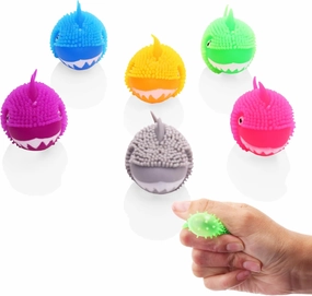 Mini Shark Toys - Pack of 24 - 1.75 inch Puffer Toy - Stress Relief Squishi Toys, Fidget Toy in 6 Colors - Tiny Sharks Squishes for Kids - Teacher Treasure Classroom Prizes
