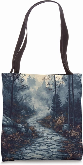 Misty Forest Path Vintage Landscape Graphic Tote Bag