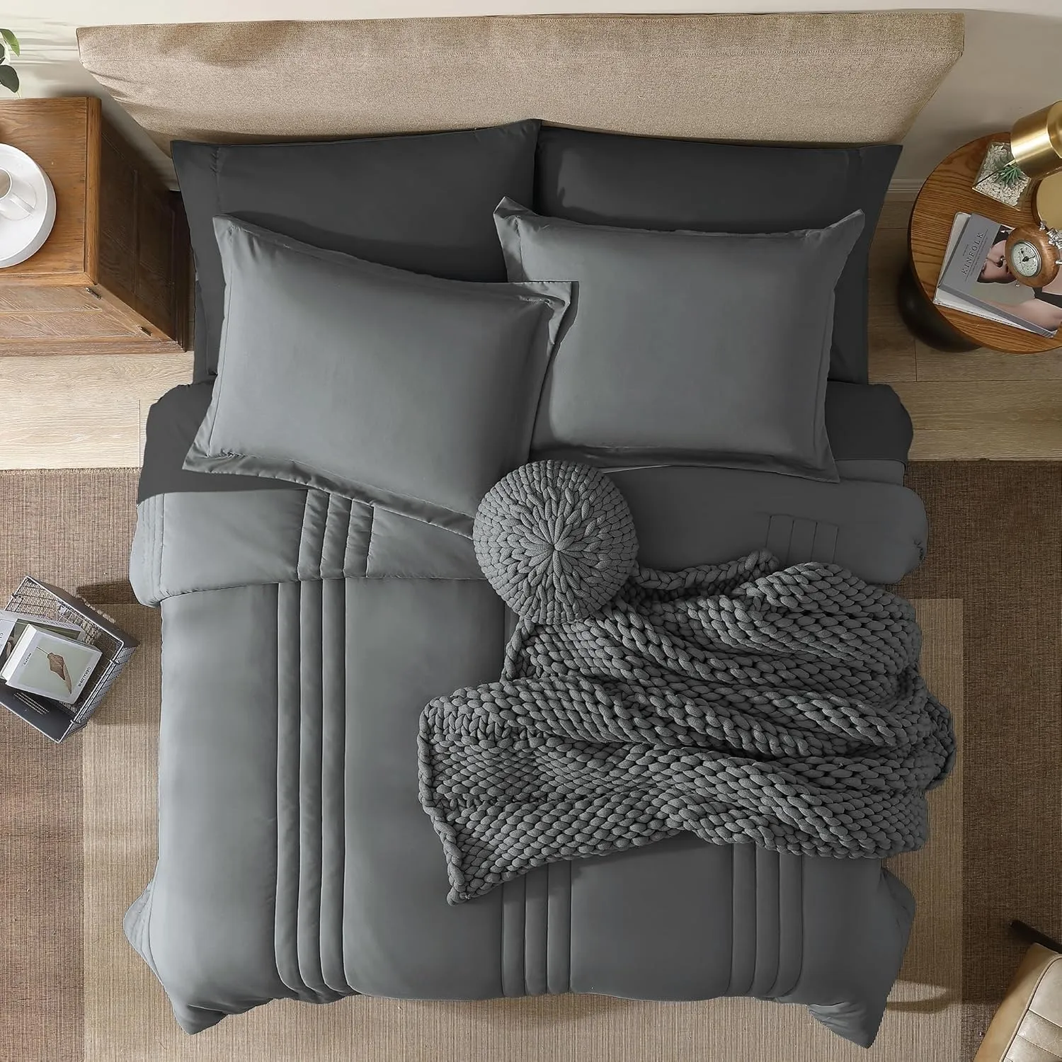 Monbix Queen Comforter Set - 7 Pieces Grey Bed in a Bag Queen Bedding Sets with Comforters, All Seasons Down Alternative Comforter Bed Set with Sheets,Pillowcases & Shams
