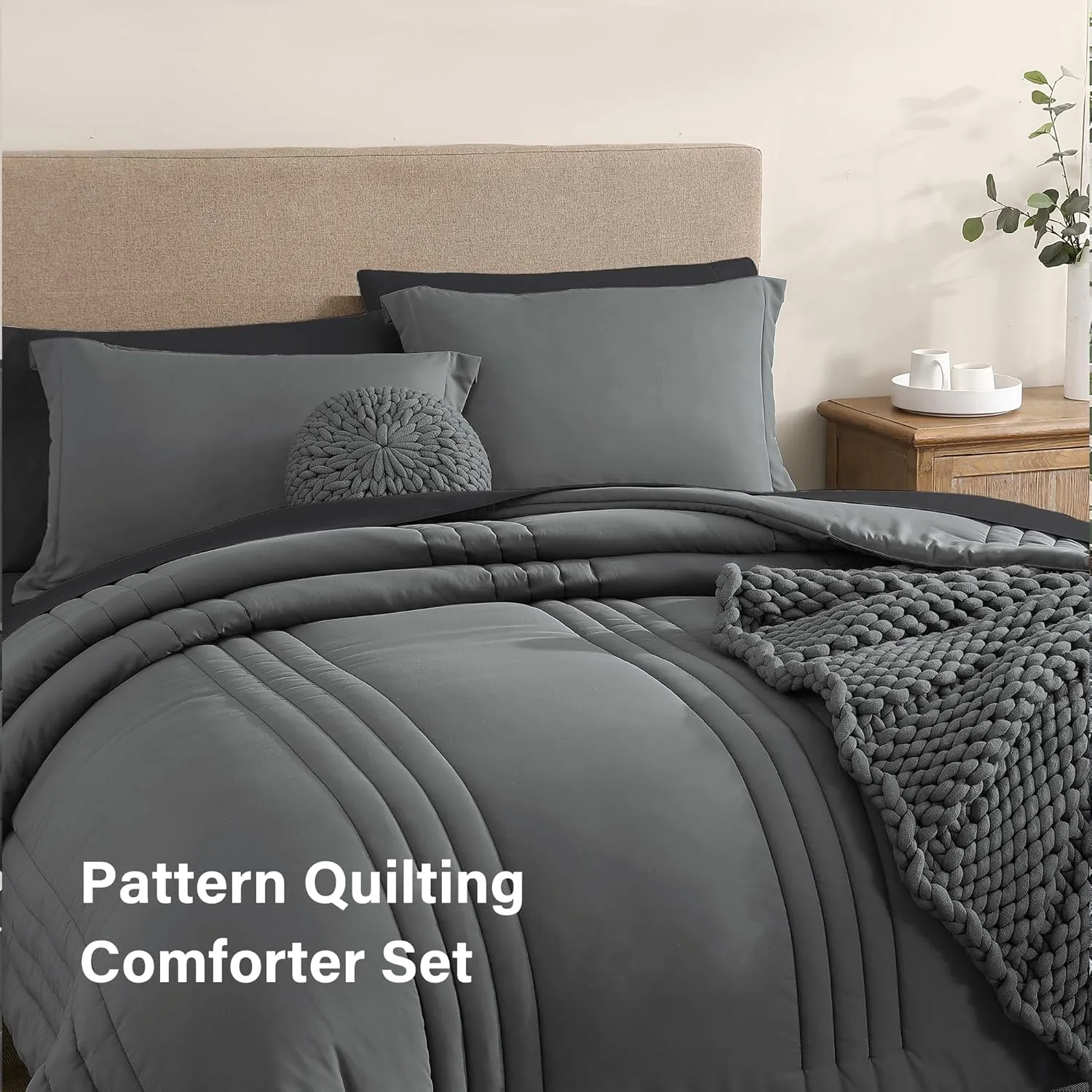 Monbix Queen Comforter Set - 7 Pieces Grey Bed in a Bag Queen Bedding Sets with Comforters, All Seasons Down Alternative Comforter Bed Set with Sheets,Pillowcases & Shams