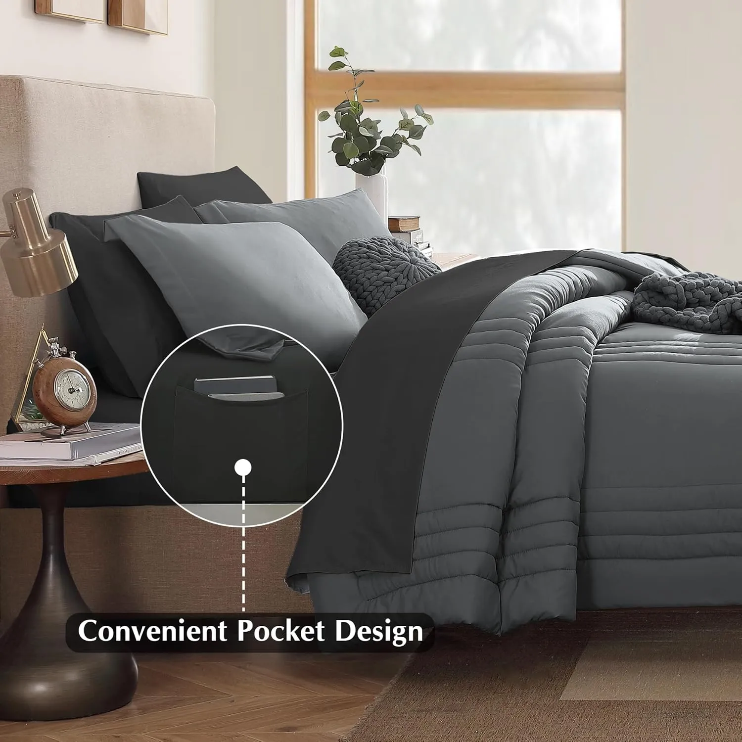 Monbix Queen Comforter Set - 7 Pieces Grey Bed in a Bag Queen Bedding Sets with Comforters, All Seasons Down Alternative Comforter Bed Set with Sheets,Pillowcases & Shams