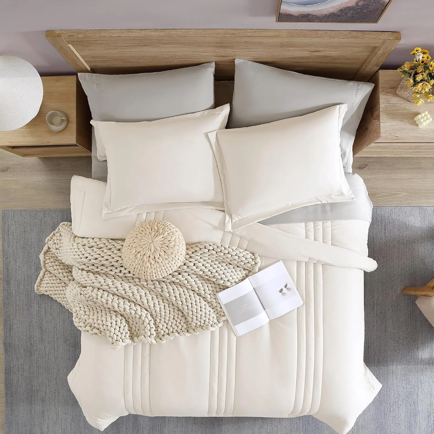 Monbix Queen Comforter Set - 7 Pieces Snow White Bed in a Bag Queen Bedding Sets with Comforters, All Seasons Down Alternative Comforter Bed Set with Sheets,Pillowcases & Shams