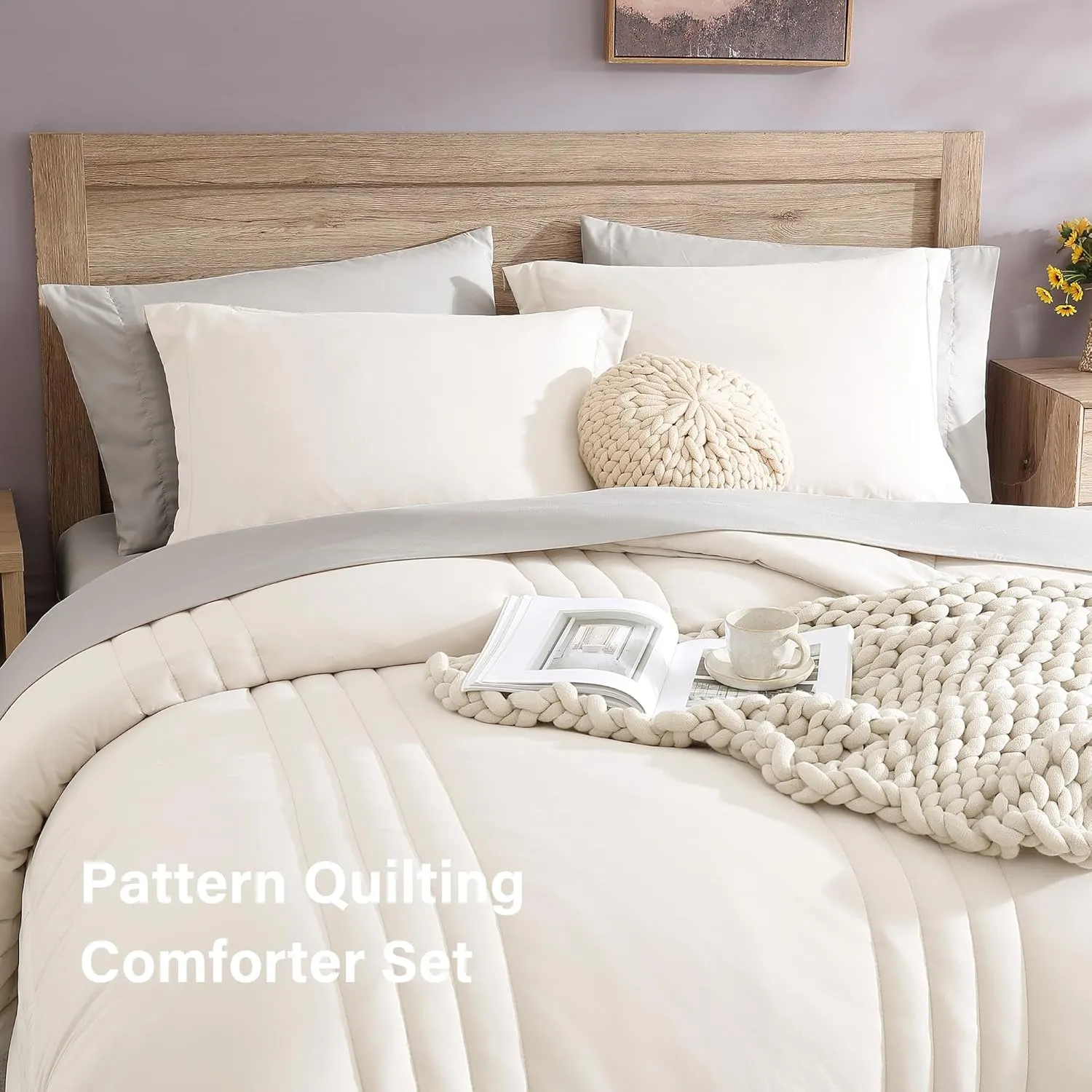 Monbix Queen Comforter Set - 7 Pieces Snow White Bed in a Bag Queen Bedding Sets with Comforters, All Seasons Down Alternative Comforter Bed Set with Sheets,Pillowcases & Shams