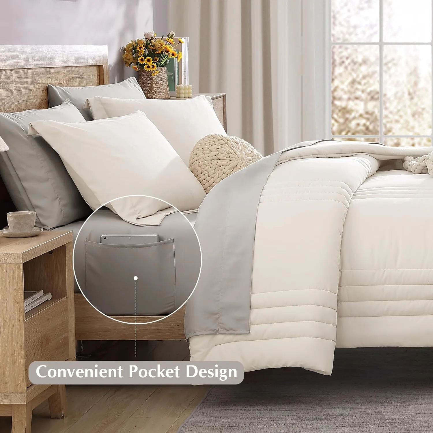Monbix Queen Comforter Set - 7 Pieces Snow White Bed in a Bag Queen Bedding Sets with Comforters, All Seasons Down Alternative Comforter Bed Set with Sheets,Pillowcases & Shams