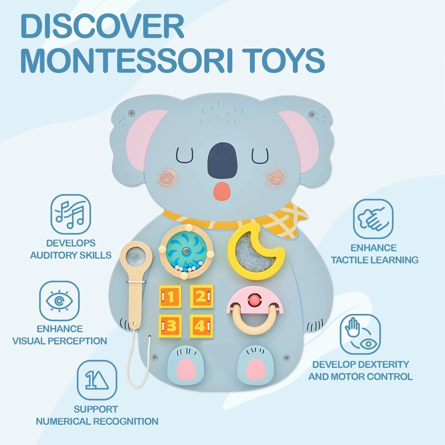 Monläurd® Wooden Koala Sensory Wall Toy, Busy Board for Toddlers, Montessori Sensory Wall Panel for Kids, Ideal for Classroom, Playroom & Daycare, Wall Activity Board