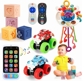 Montessori Baby Toy Set, 5-in-1, 24pcs, 6m-3yrs, Stacking, Teething, Sensory, Building Blocks, Monster Truck, BPA-Free, Easy Clean, Travel Bag