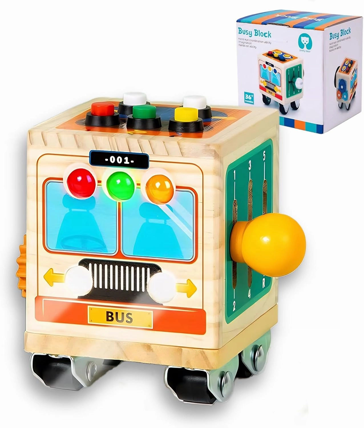 Montessori Busy Board for Kids, Wooden Sensory Activity Cube Toy with Car LED Light, Switch, Steering Wheel, Gear, Fine Motor Skill Learning Toy Gift for 3 4 5 6 Years Boy, Girl & Autism ADHD Toddler