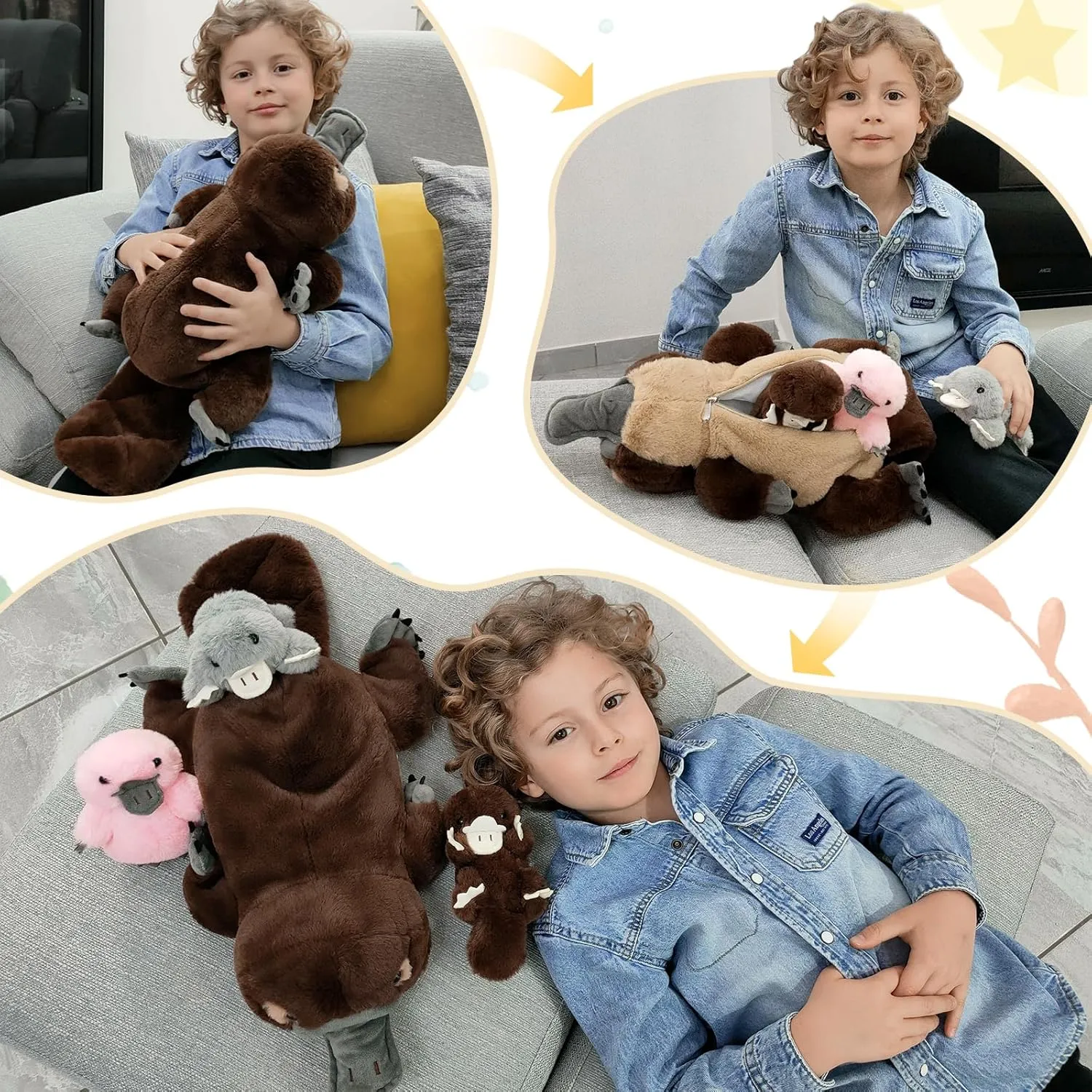 MorisMos 22inch 4Pcs Giant Platypus Stuffed Animal, Mommy Platypus Plush with 3 Baby, Large Realistic Plush Kids Boys Girls Gifts, Brown