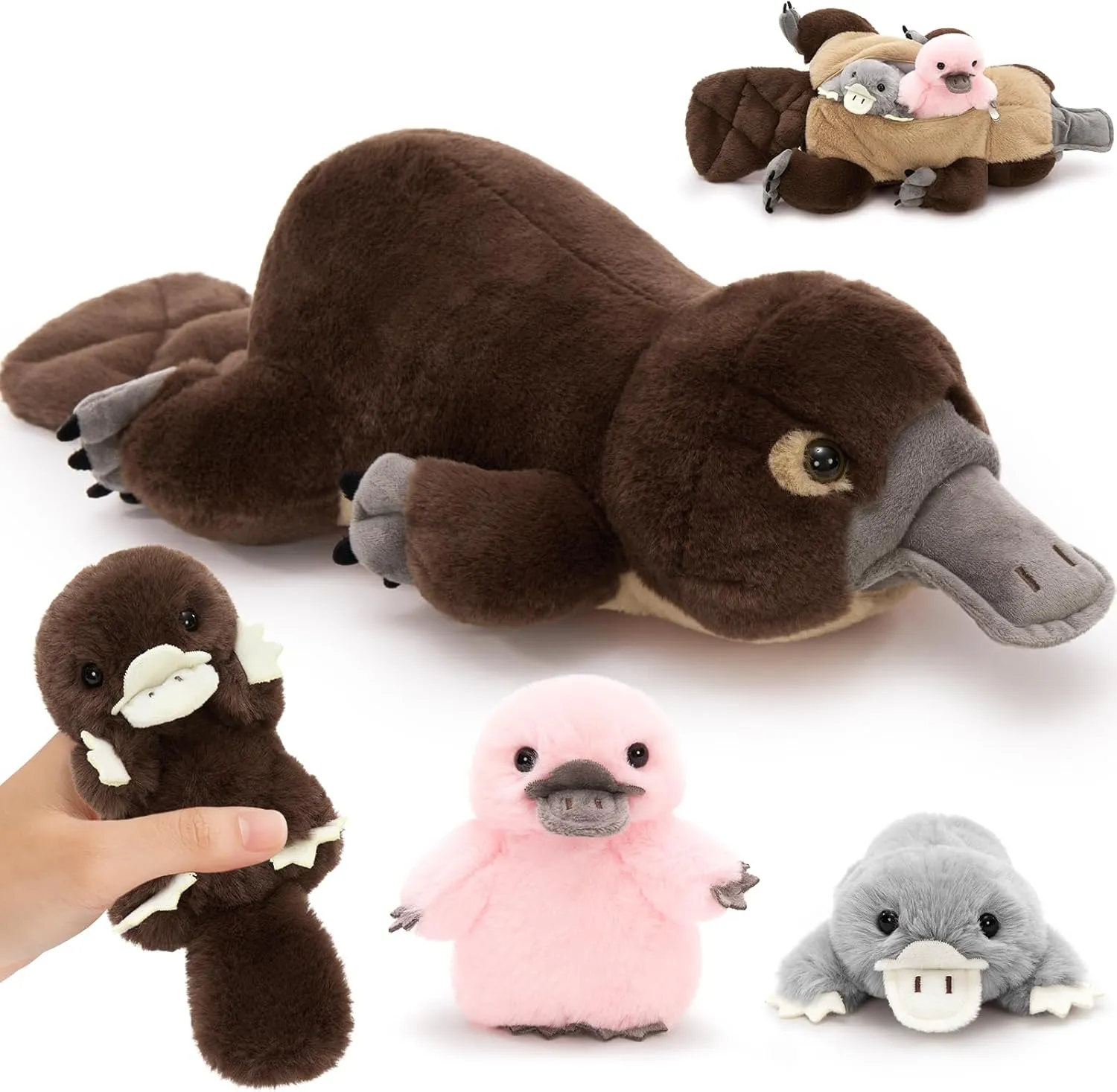MorisMos 22inch 4Pcs Giant Platypus Stuffed Animal, Mommy Platypus Plush with 3 Baby, Large Realistic Plush Kids Boys Girls Gifts, Brown