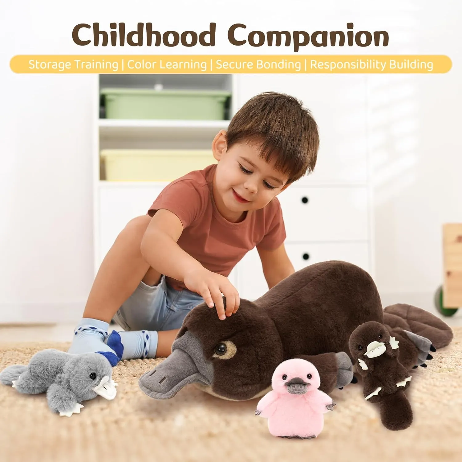 MorisMos 22inch 4Pcs Giant Platypus Stuffed Animal, Mommy Platypus Plush with 3 Baby, Large Realistic Plush Kids Boys Girls Gifts, Brown