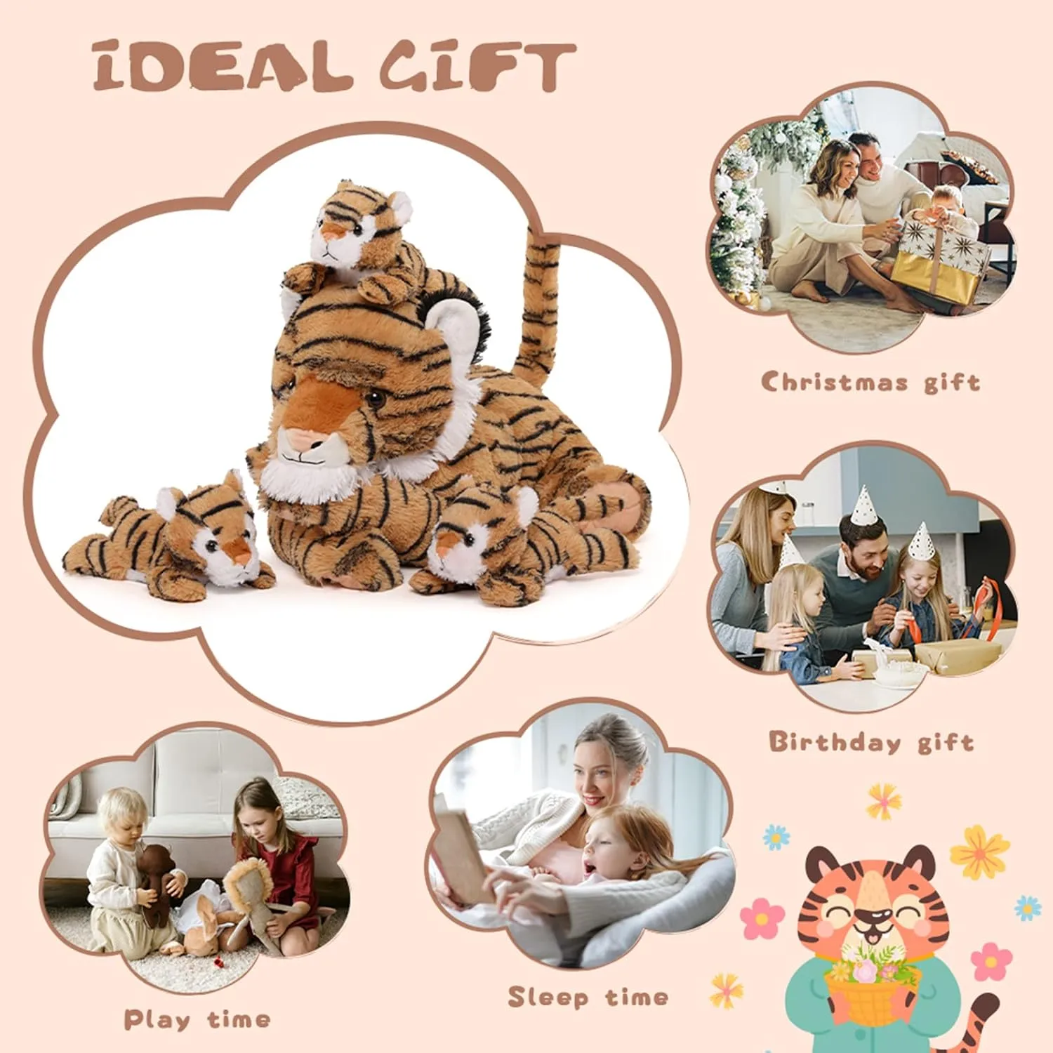 MorisMos Tiger Plush Toys - Soft Stuffed Tiger Mommy & Babies Set, Large Size, 20in