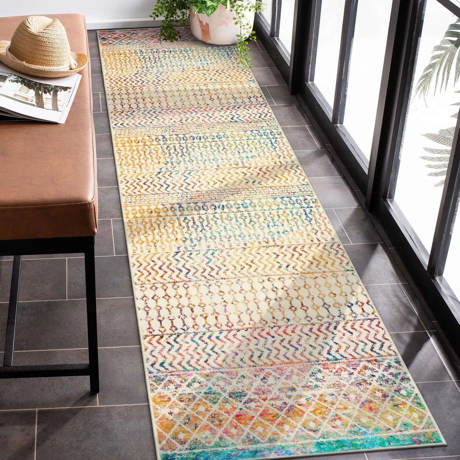 Moroccan Hallway Rug Runner 2x8, Ultra Soft Runner Rug with Rubber Backing Non Slip, Washable Kitchen Rug Distressed Floor Carpet Runner for Entryway Kitchen Bedroom Laundry Room