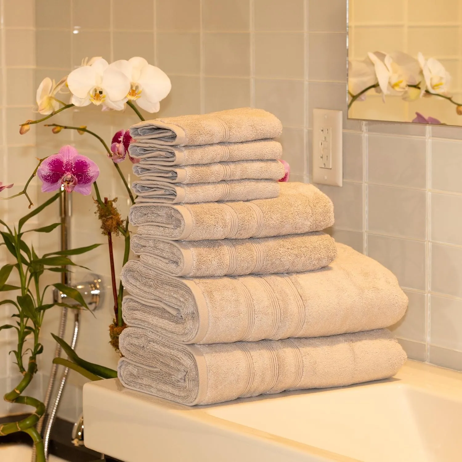 Mosobam Luxury Turkish 8pc Towel Set 30X58 16X30 13X13 Light Grey (Gray) 700 GSM Bamboo Viscose & Aegean Turkish Combed Cotton