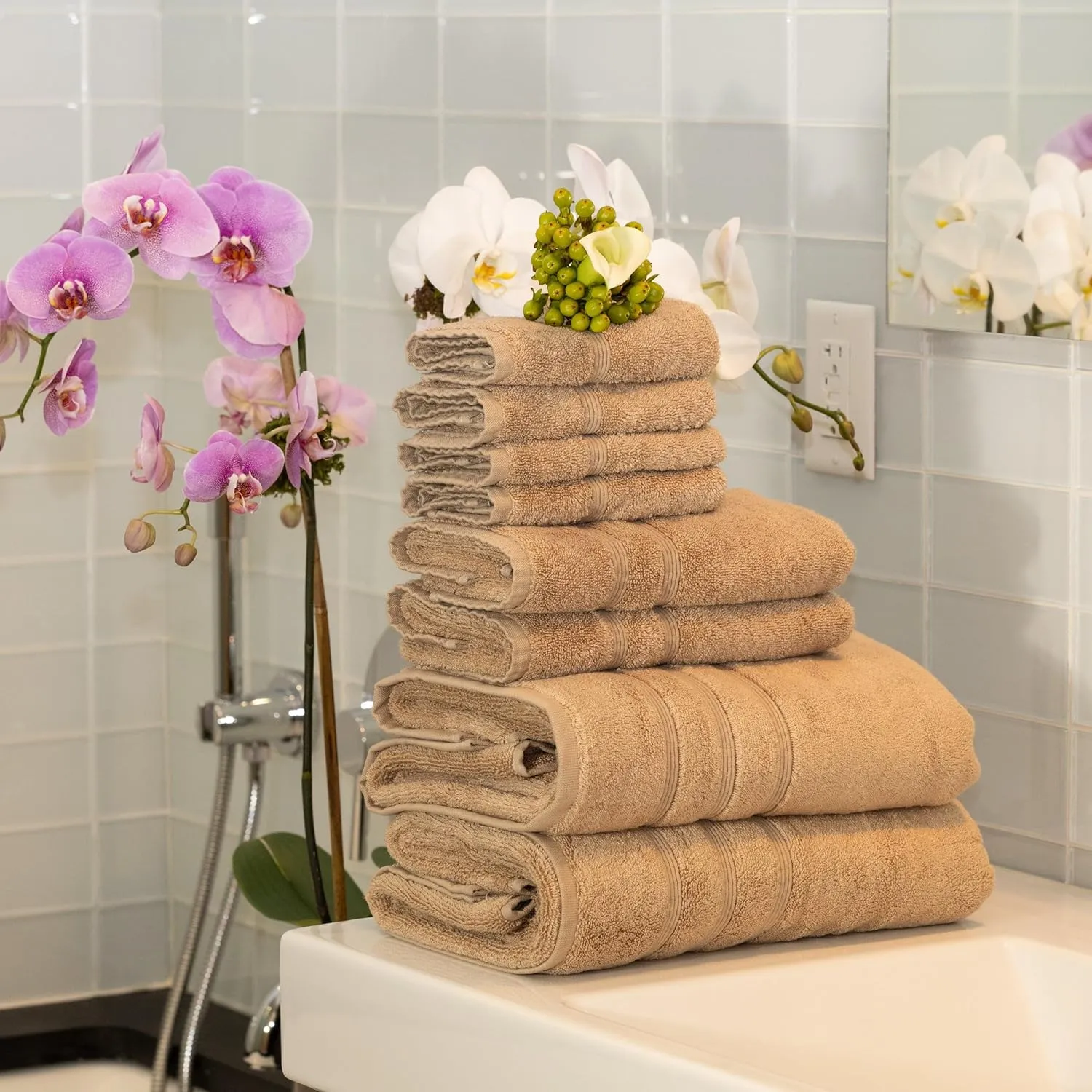 Mosobam Luxury Turkish 8pc Towel Set 30X58 16X30 13X13 Light Taupe 700 GSM Bamboo Viscose & Aegean Turkish Combed Cotton