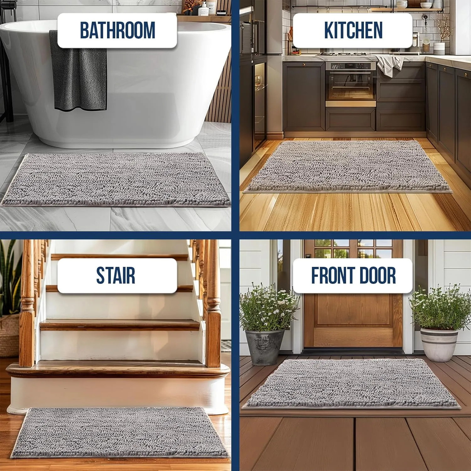 Muddy Mat Chenille Bathroom Rugs Quick Dry Microfiber Mats Non Slip Washable, Extra Thick, Soft and Highly Absorbent Bath Mats for Bathroom, Kitchen, and Shower Floor - Grey Medium 30"X19"