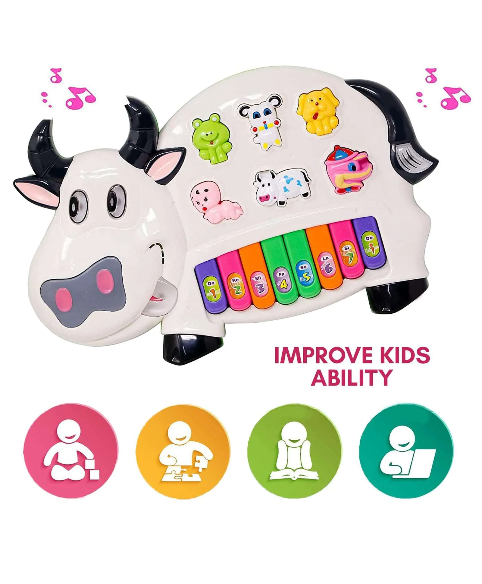 Musical Cow Piano Toy with Flashing Light & Sound for Kid, Early Development Musical Toy