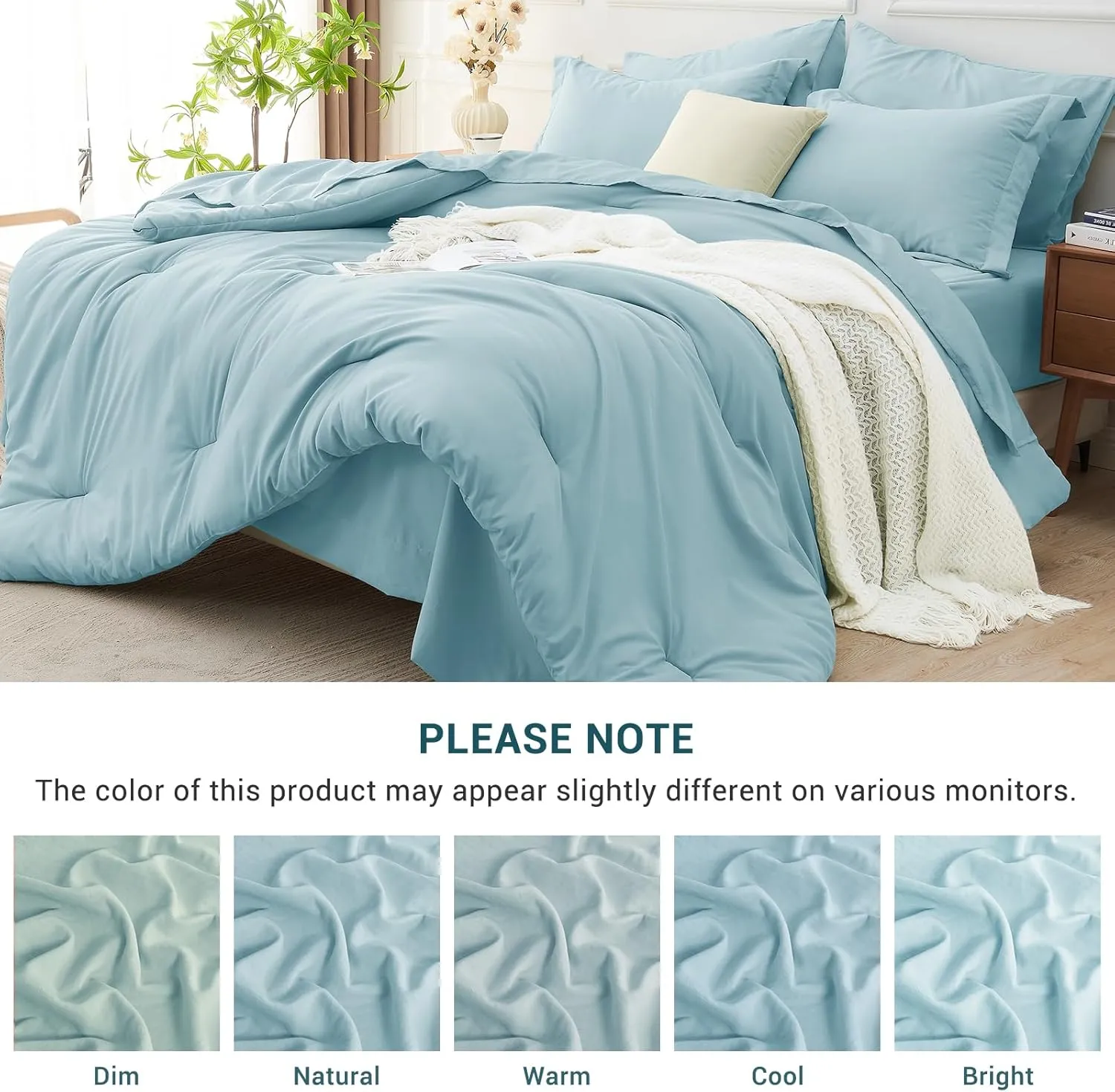 MUXHOMO 7 Pieces King Comforter Set, Soft Bed in a Bag King Size, All Season Bedding Set with Comforter, Flat Sheet, Fitted Sheet, Pillowcases & Shams, Lake Blue