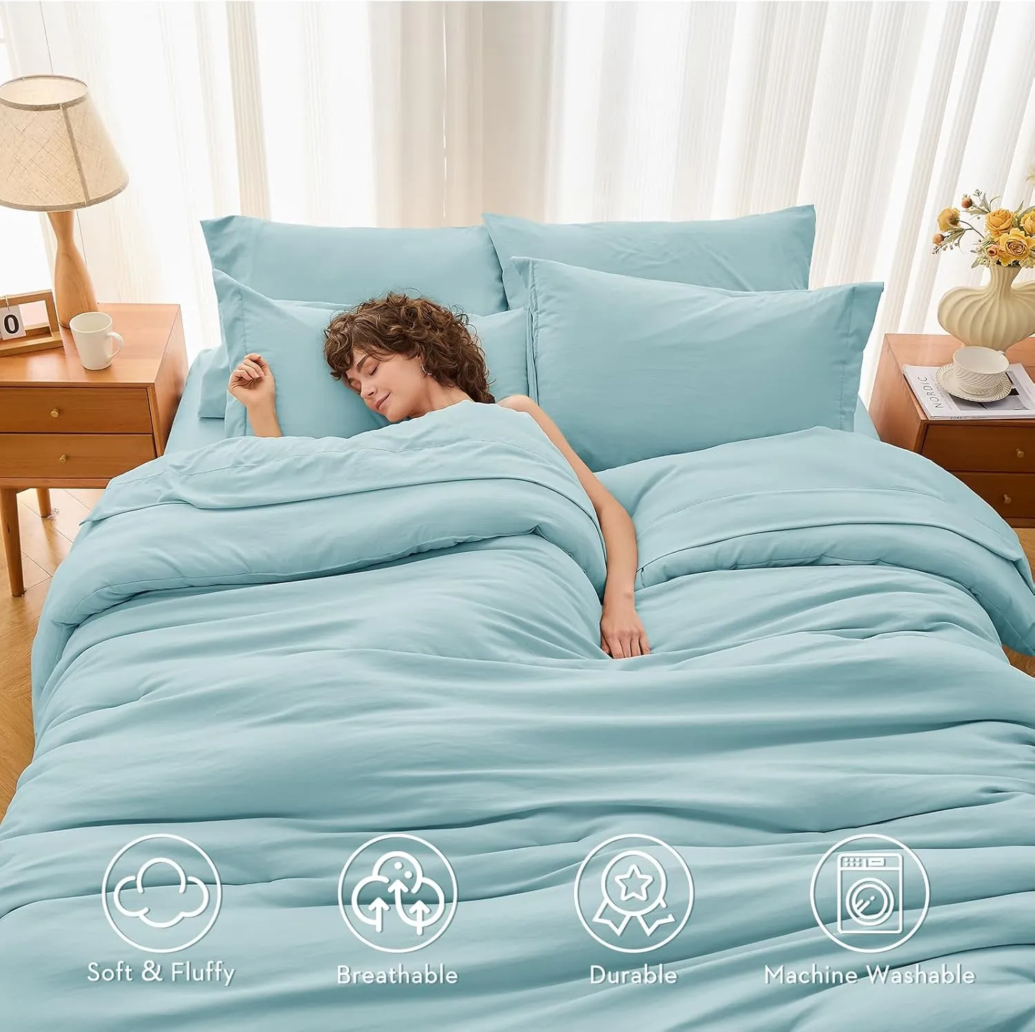 MUXHOMO 7 Pieces King Comforter Set, Soft Bed in a Bag King Size, All Season Bedding Set with Comforter, Flat Sheet, Fitted Sheet, Pillowcases & Shams, Lake Blue