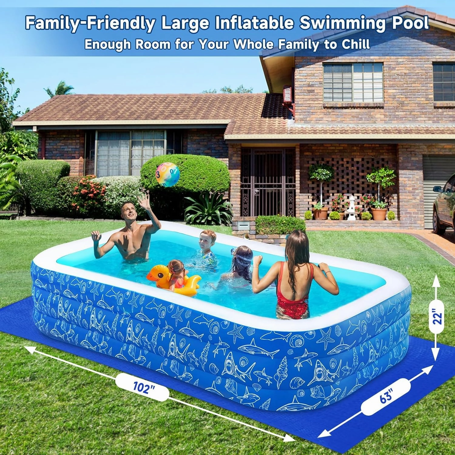 Nattork Inflatable Pool for Kids and Adults, 102" x 63" x 22" Family Full-Sized Inflatable Swimming Pool,Durable Thickened Above Ground Blow Up Pool for Kids Pools for Backyard Indoor Outdoor Shark