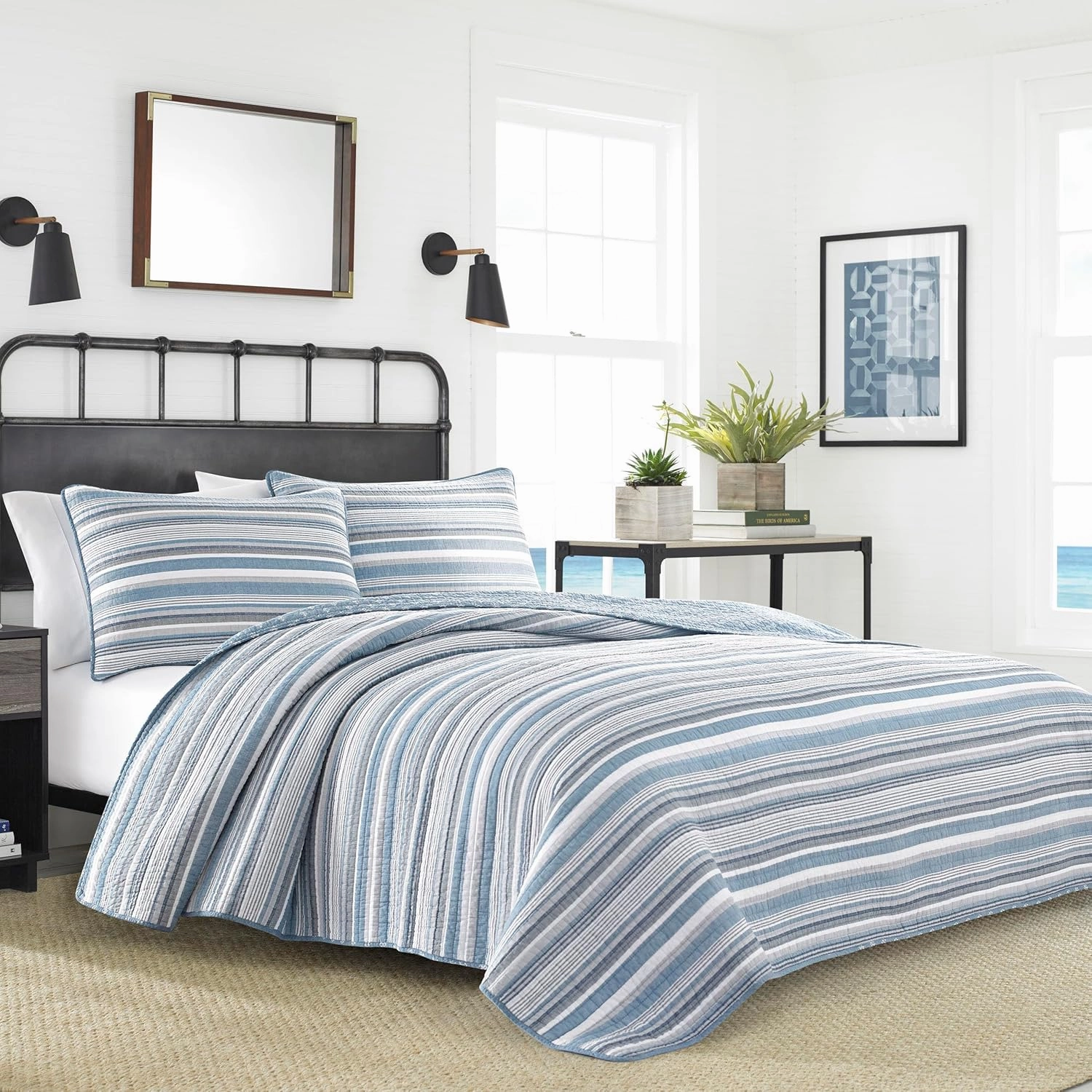 Nautica Quilt Set All Season Cotton Bedding with Matching Sham, Lightweight & Reversible, King, Jettison Grey/Blue/White