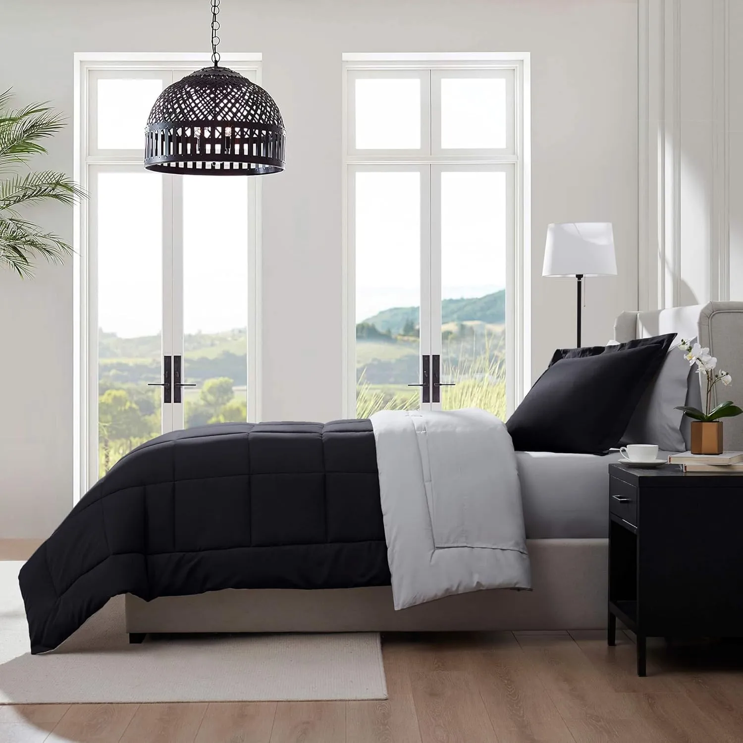Nestl Twin Comforter Set 5 Piece - Reversible Twin Bedding Sets Black, College Dorm Room Essentials for Girls and Boys Bed in a Bag Twin All Season, Twin Comforter Set with Sheets, Pillowcase and Sham