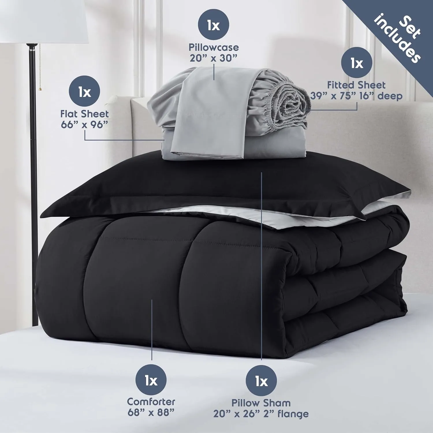 Nestl Twin Comforter Set 5 Piece - Reversible Twin Bedding Sets Black, College Dorm Room Essentials for Girls and Boys Bed in a Bag Twin All Season, Twin Comforter Set with Sheets, Pillowcase and Sham