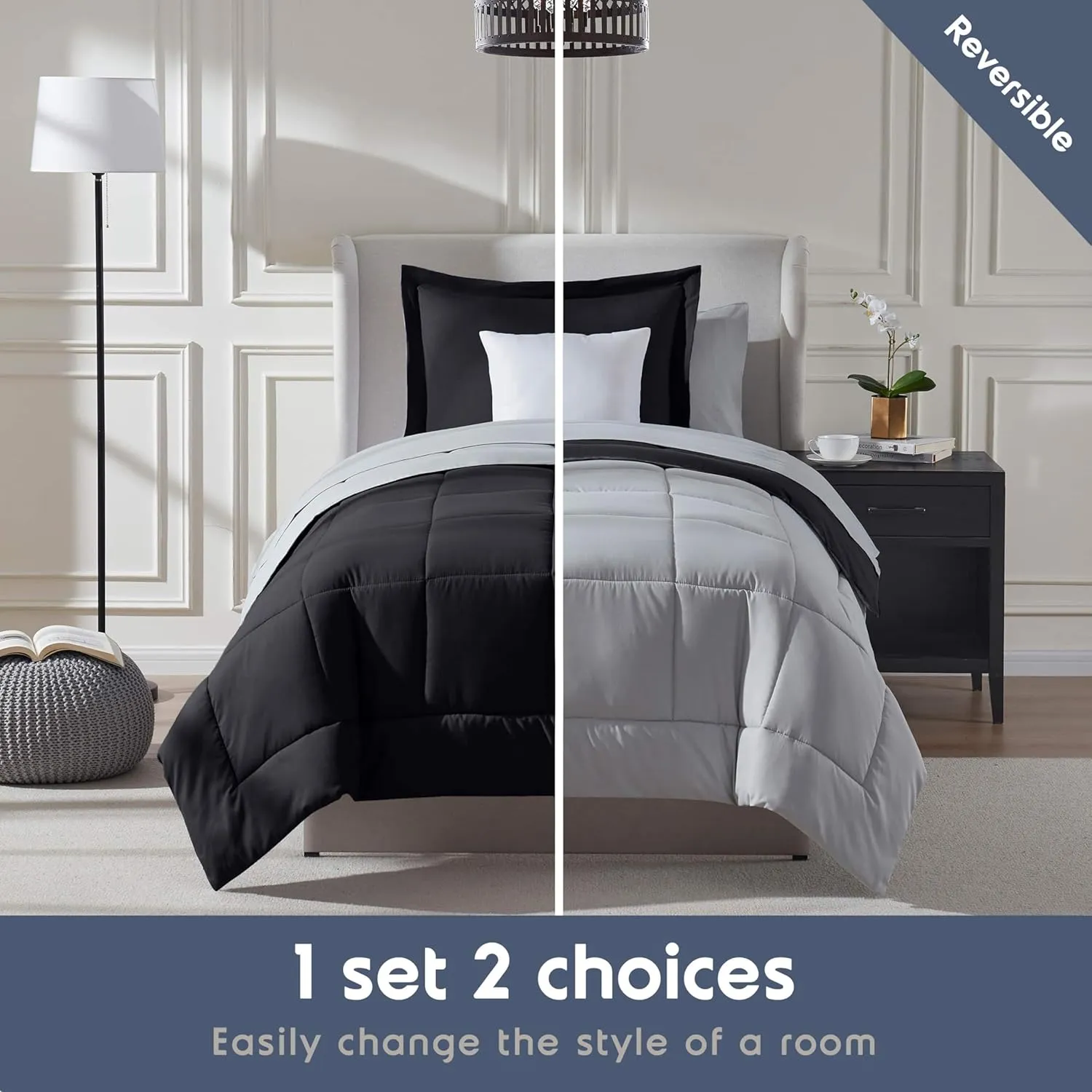 Nestl Twin Comforter Set 5 Piece - Reversible Twin Bedding Sets Black, College Dorm Room Essentials for Girls and Boys Bed in a Bag Twin All Season, Twin Comforter Set with Sheets, Pillowcase and Sham