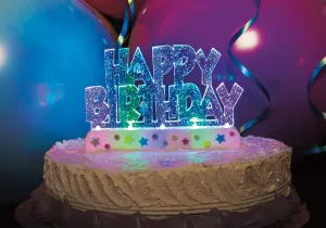 NEW Flashing Happy Birthday Cake Topper Decoration! A tiny button turns this flashing decoration on to activate 3 different color-changing settings