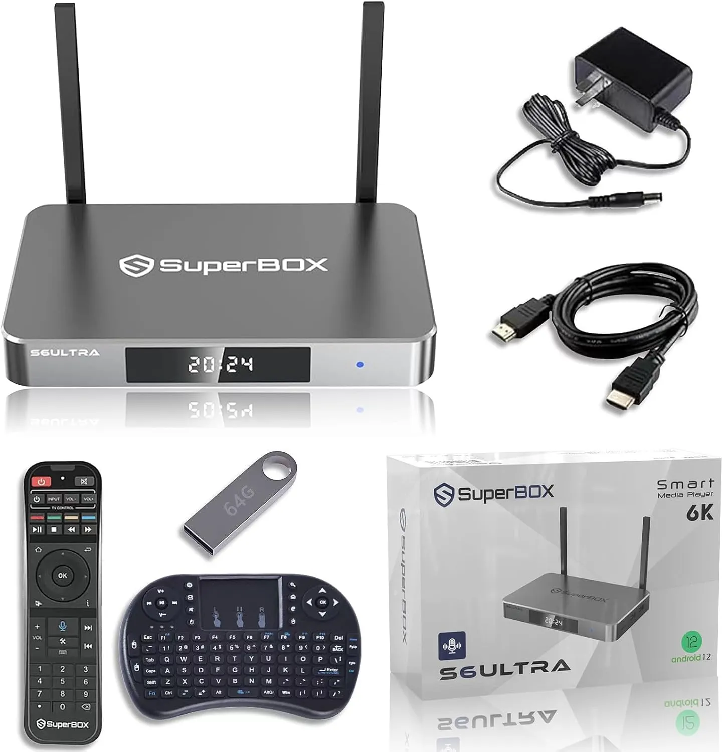 New Generation Smart S6-Ultra TV Box, 4G RAM   128G ROM, Silver, 1x Voice Remote, 1x Removable Storage USB Flash Drive, 1x HD Cable, 1x Mini Keyboard