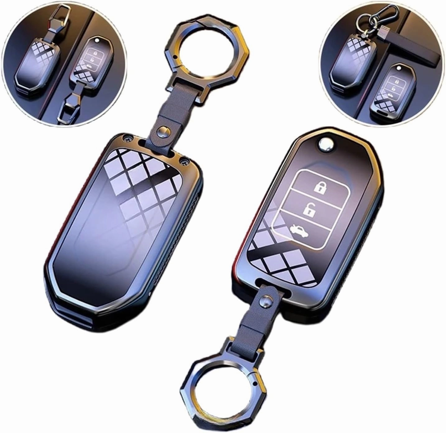 New Zinc Alloy TPU Car Remote Smart Key Fob Case Cover Holder Bag with Keychain Compatible for Honda Accord CR-V Vezel Civic / Odyssey(Gun Geay C)