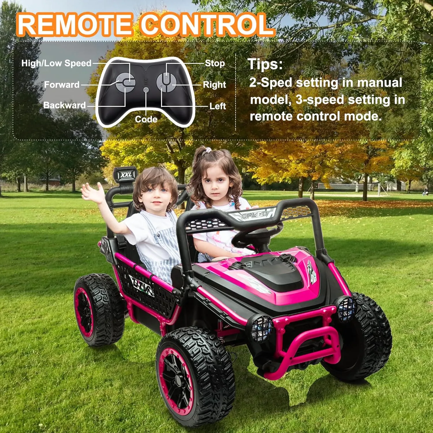 NEWQIDA XXL 24V Ride on Toys for Big Kids UTV, 2 Seater Ride-On Car with Remote Control, 4WD 4-Wheeler Shock Suspension, Up to 5MPH, EVA Rubber Tires, Bluetooth, Music, 22" Spacious Seat, Pink