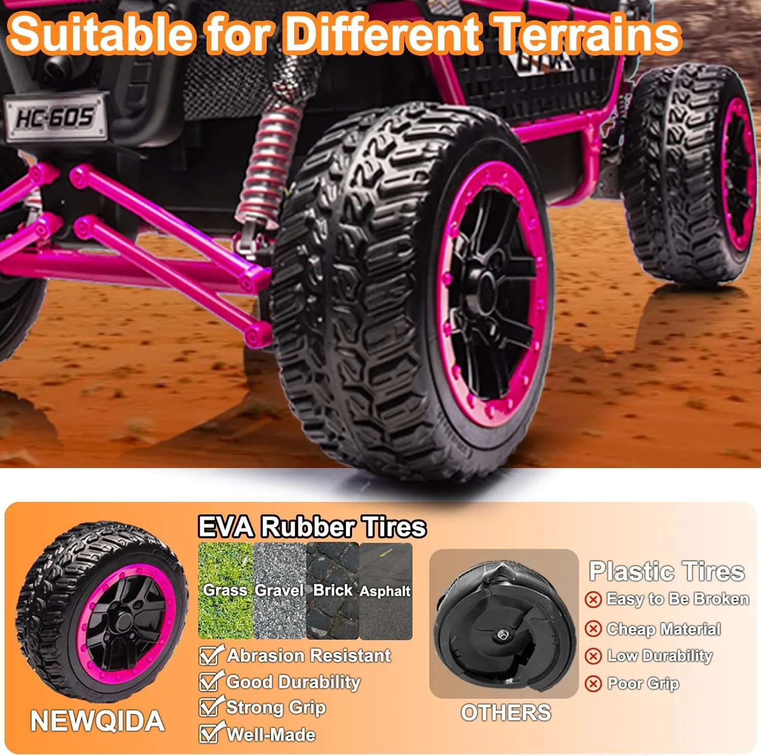 NEWQIDA XXL 24V Ride on Toys for Big Kids UTV, 2 Seater Ride-On Car with Remote Control, 4WD 4-Wheeler Shock Suspension, Up to 5MPH, EVA Rubber Tires, Bluetooth, Music, 22" Spacious Seat, Pink