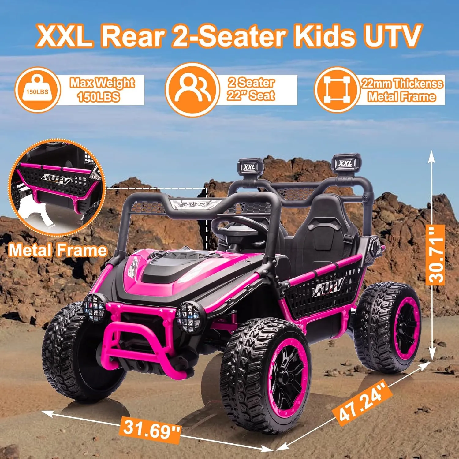 NEWQIDA XXL 24V Ride on Toys for Big Kids UTV, 2 Seater Ride-On Car with Remote Control, 4WD 4-Wheeler Shock Suspension, Up to 5MPH, EVA Rubber Tires, Bluetooth, Music, 22" Spacious Seat, Pink