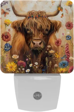 NEWzone Highland Cow Floral Rustic Night Light 0.5W, Plug in Night Lights for Boys Girls Led Night Light Dusk to Dawn Sensor Nightlight for Stairway/Hallway/Bedroom