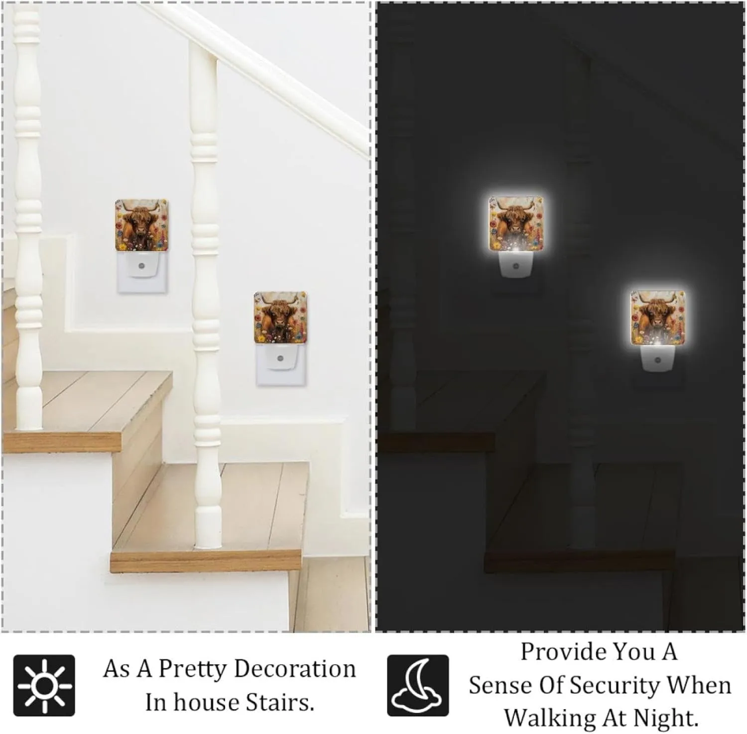 NEWzone Highland Cow Floral Rustic Night Light 0.5W, Plug in Night Lights for Boys Girls Led Night Light Dusk to Dawn Sensor Nightlight for Stairway/Hallway/Bedroom